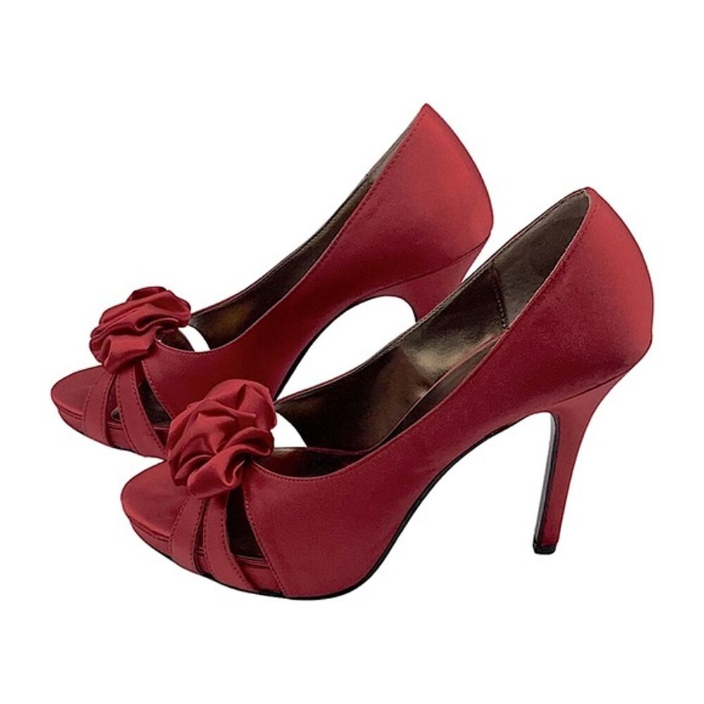 Kelly & Katie Red Satin Peep Toe Heels Rosette Detail, Size 7.5